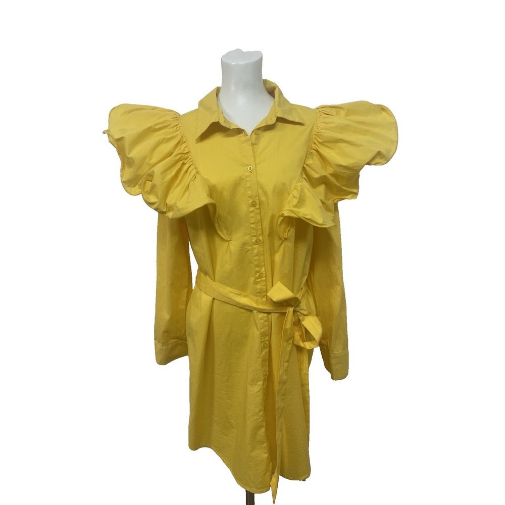 New York & Company Fin Ruffle Yellow Shirtdress Belted Artsy 80's Party Sz XL